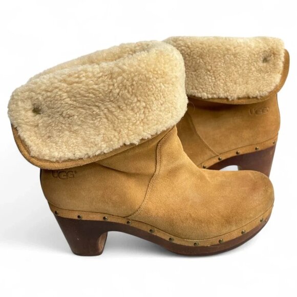 UGG Lynnea Fold Over Brown Leather Shearling Cuff Clog Boots 3204 Women's 8 - Picture 1 of 12